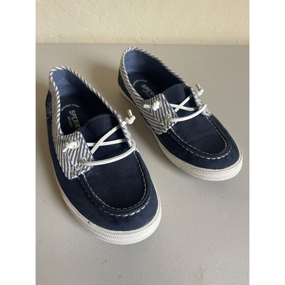 Sperry Navy Blue Canvas Boat Shoes Striped Slip On Nautical Preppy Coastal Beach - Picture 4 of 9